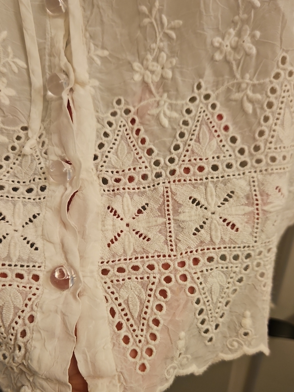 Johnny Was White Eyelet Embroidered Button Front Cropped Blouse, Tie Neck, L - Picture 7 of 11
